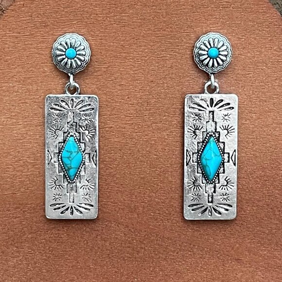 Red Saguaro Trading Post Jewelry - Aztec Pattern Bar Earrings with Turquoise